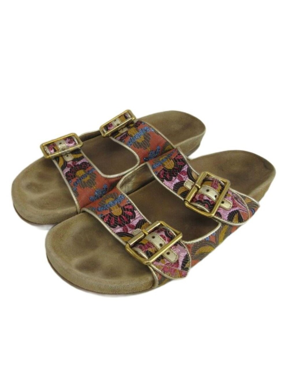 Prada Comfort Sandals Slide Flat Jacquard Floral Double Belt Beige